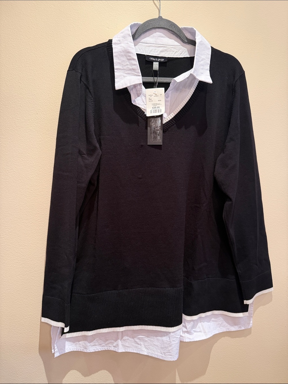NWT - Black V-Neck Layered-Look Sweater with White Shirt Detail - Cable & Gauge